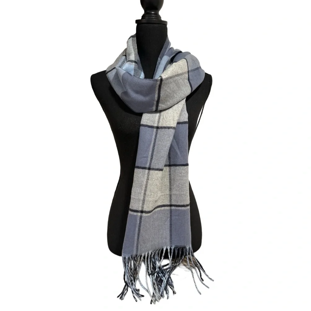 Super SoftDouble sided Plaid & Checked Pattern Blue Toned Long Scarf NEW